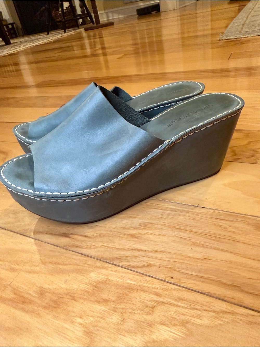 Chocolat Blu Slate Blue Green Leather Platform Wedge Mules Slides 8.5